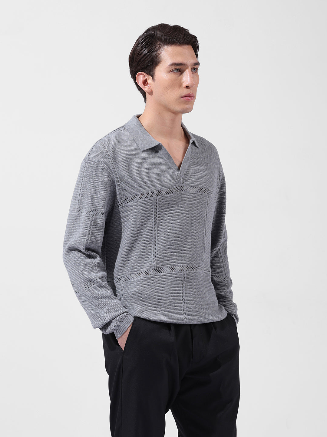 Men's Grey Oversized Fit Textured Flat Knit Polo Neck T-Shirt