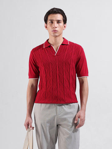 Men's Red Slim Fit Textured Flat Knit Polo Neck T-Shirt