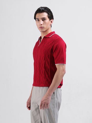 Men's Red Slim Fit Textured Flat Knit Polo Neck T-Shirt