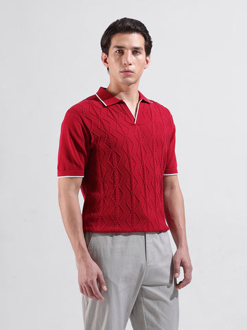 Men's Red Slim Fit Textured Flat Knit Polo Neck T-Shirt