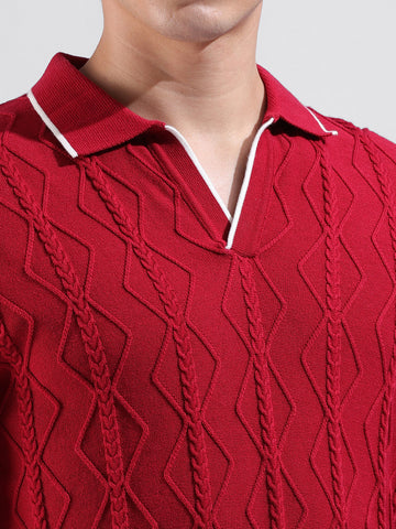 Men's Red Slim Fit Textured Flat Knit Polo Neck T-Shirt