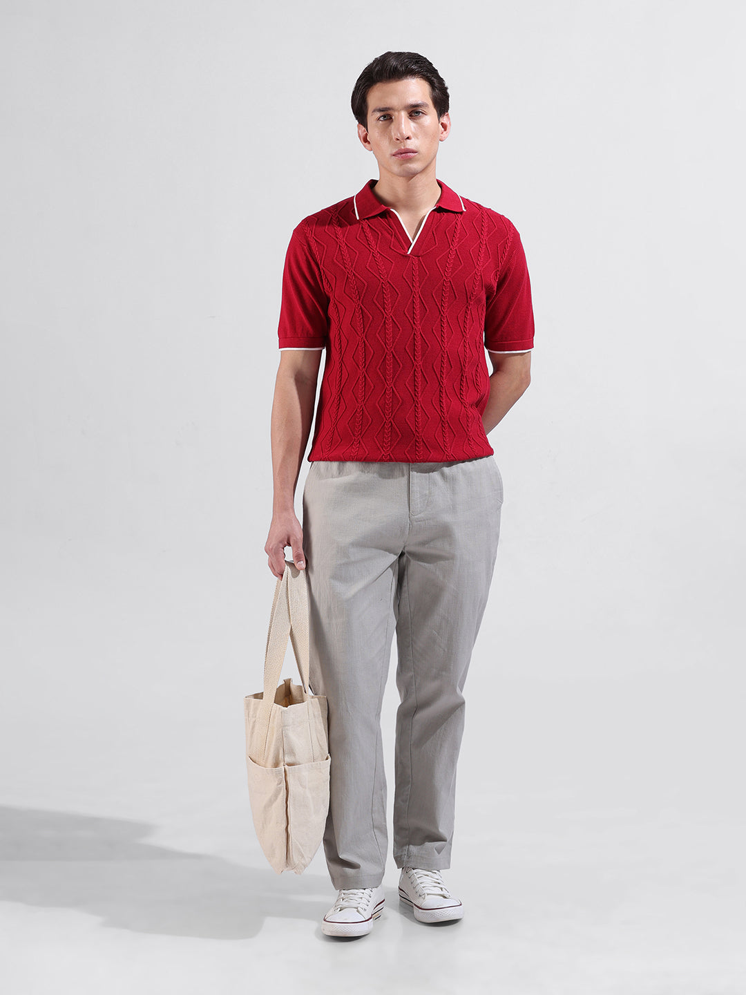 Men's Red Slim Fit Textured Flat Knit Polo Neck T-Shirt