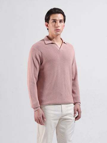 Men's Pink Slim Fit Textured Flat Knit Polo Neck T-Shirt