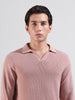 Men's Pink Slim Fit Textured Flat Knit Polo Neck T-Shirt