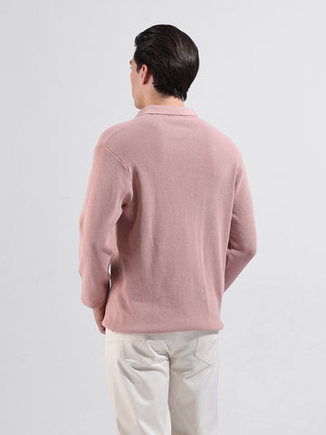 Men's Pink Slim Fit Textured Flat Knit Polo Neck T-Shirt