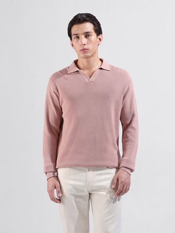 Men's Pink Slim Fit Textured Flat Knit Polo Neck T-Shirt