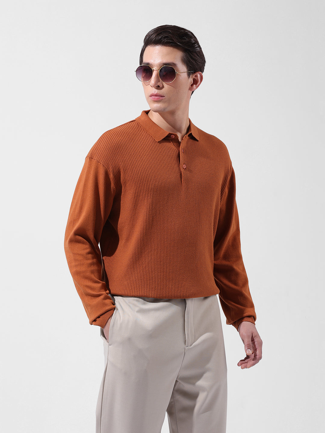 Men's Rust Oversized Fit Textured Flat Knit Polo Collar T-Shirt