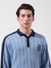 Men's Blue Oversized Fit Textured Flat Knit Polo Collar T-Shirt