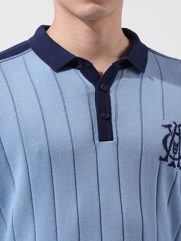 Men's Blue Oversized Fit Textured Flat Knit Polo Collar T-Shirt