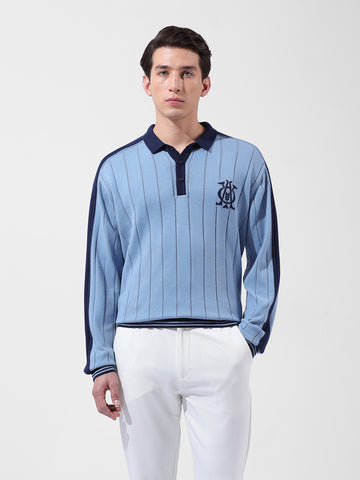 Men's Blue Oversized Fit Textured Flat Knit Polo Collar T-Shirt