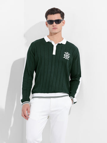 Men's Bottle Green Oversized Fit Textured Flat Knit T-Shirt