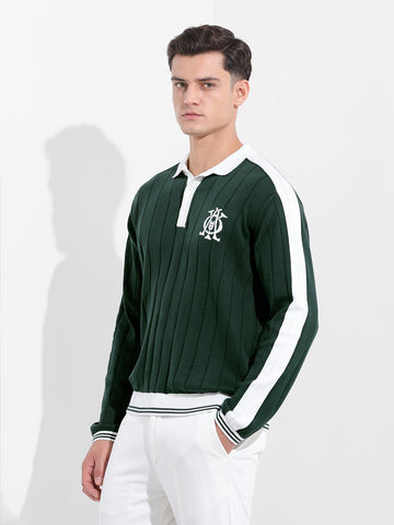 Men's Bottle Green Oversized Fit Textured Flat Knit T-Shirt