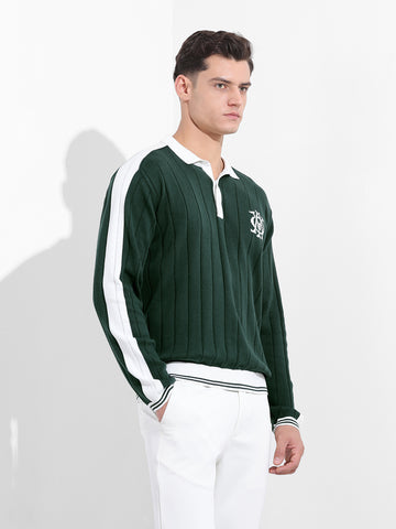 Men's Bottle Green Oversized Fit Textured Flat Knit T-Shirt