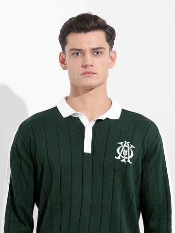 Men's Bottle Green Oversized Fit Textured Flat Knit T-Shirt