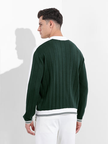 Men's Bottle Green Oversized Fit Textured Flat Knit T-Shirt