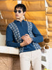 Men's Blue Oversized Fit Textured Flat Knit Polo Collar T-Shirt
