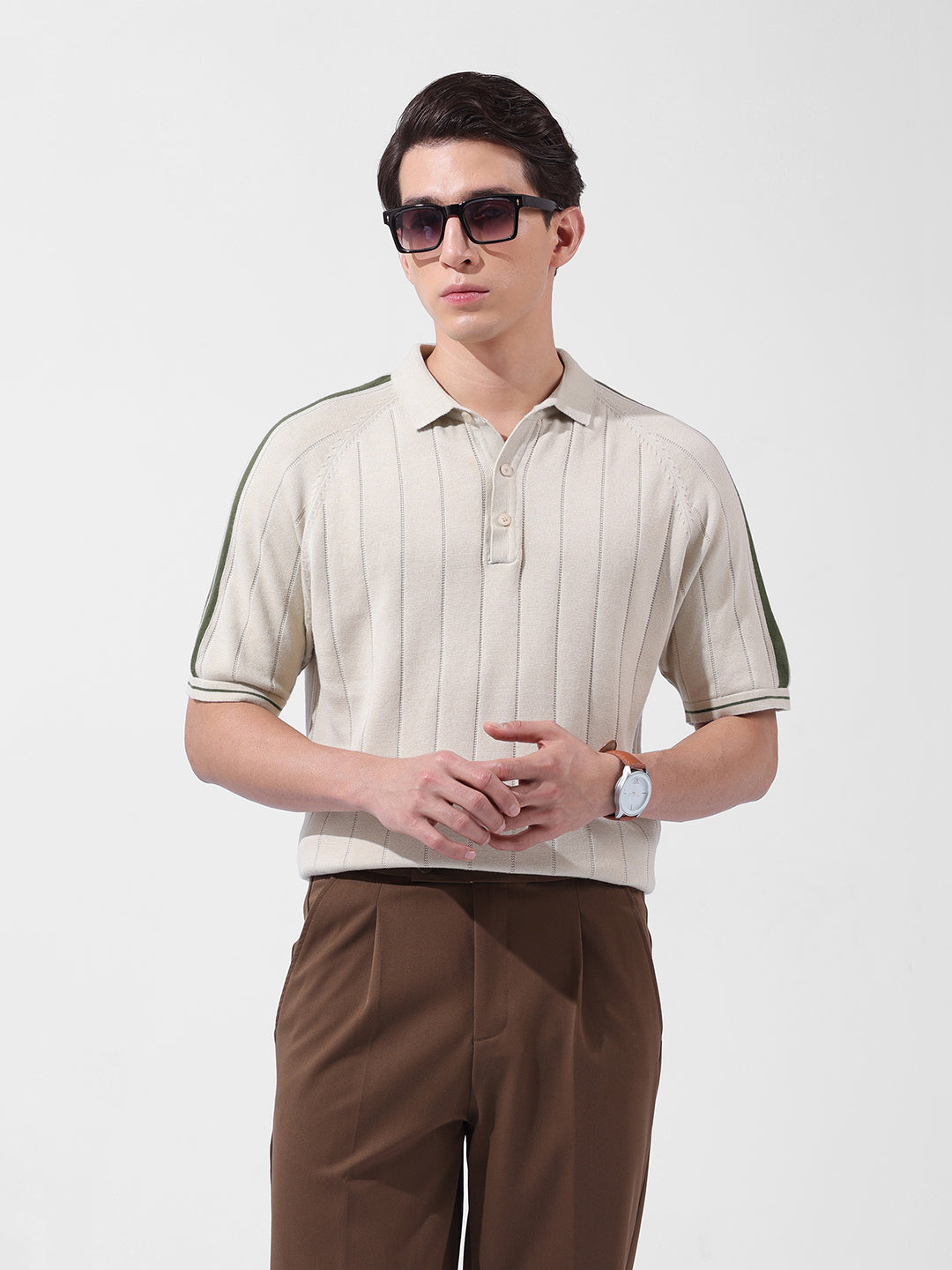 Men's Cream Slim Fit Textured Flat Knit Polo Collar T-Shirt