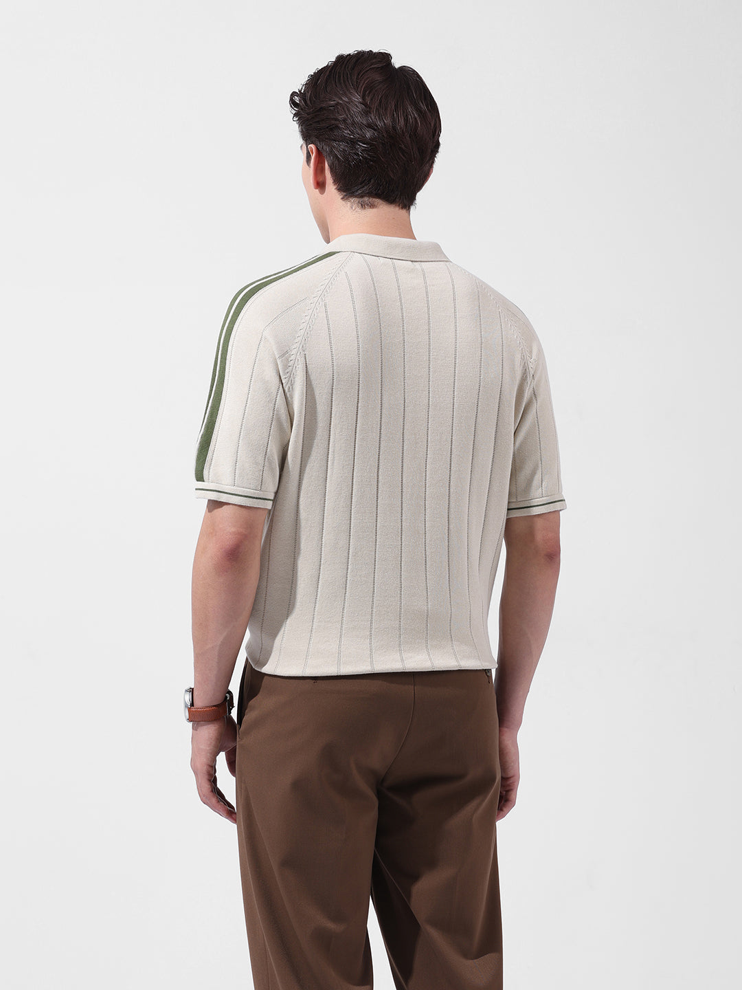 Men's Cream Slim Fit Textured Flat Knit Polo Collar T-Shirt