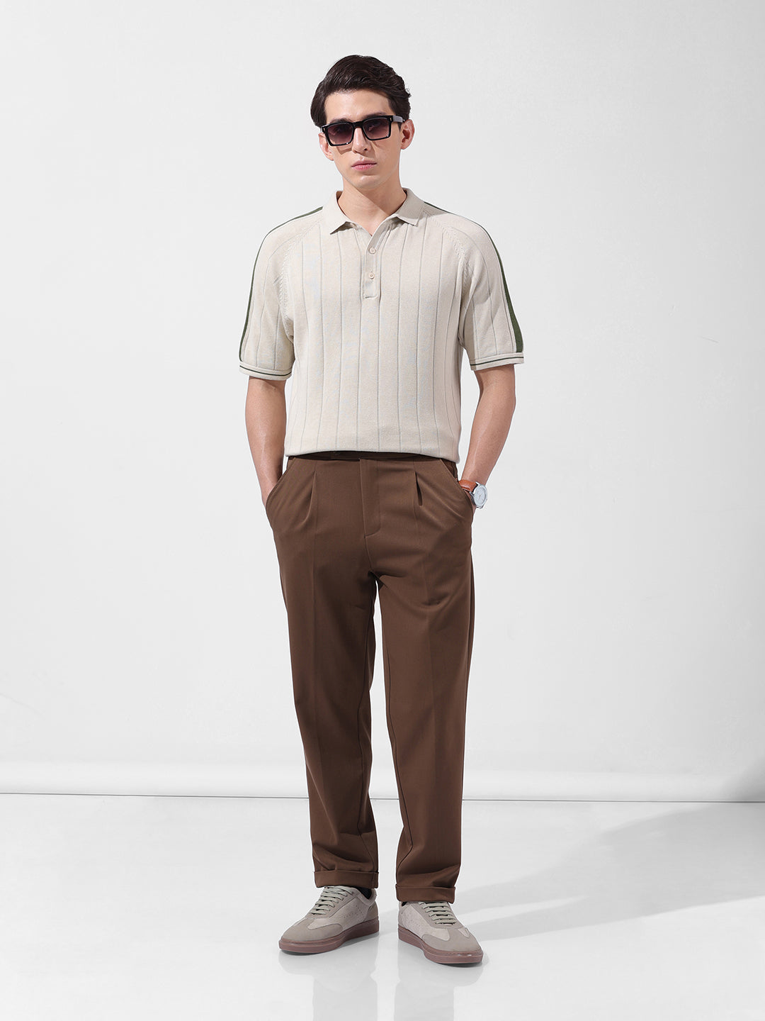 Men's Cream Slim Fit Textured Flat Knit Polo Collar T-Shirt