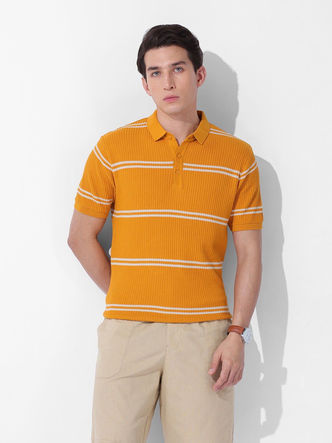 Men's Orange Slim Fit Textured Flat Knit Polo Collar T-Shirt