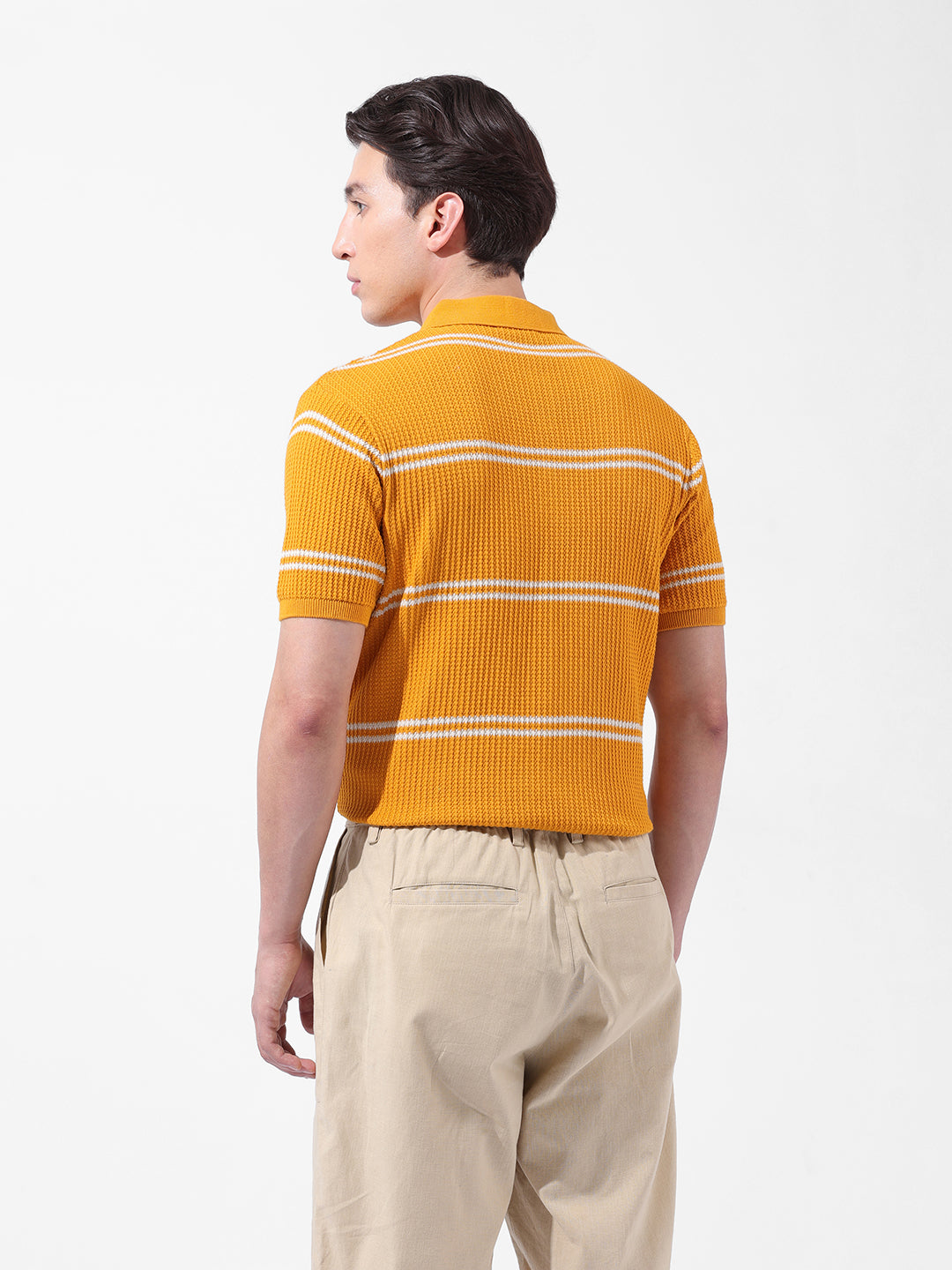 Men's Orange Slim Fit Textured Flat Knit Polo Collar T-Shirt