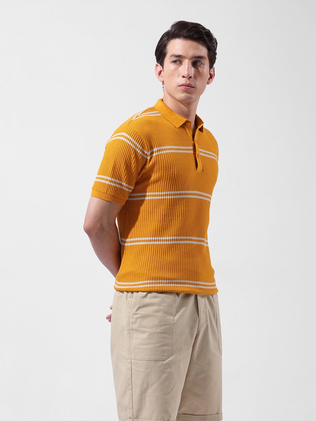 Men's Orange Slim Fit Textured Flat Knit Polo Collar T-Shirt
