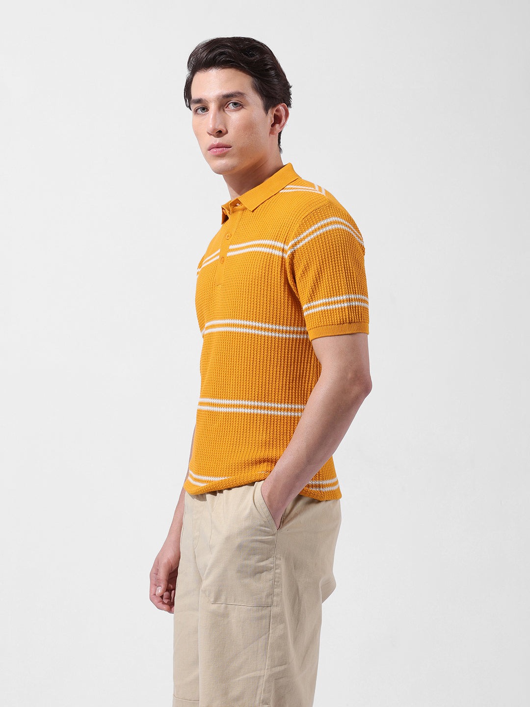 Men's Orange Slim Fit Textured Flat Knit Polo Collar T-Shirt