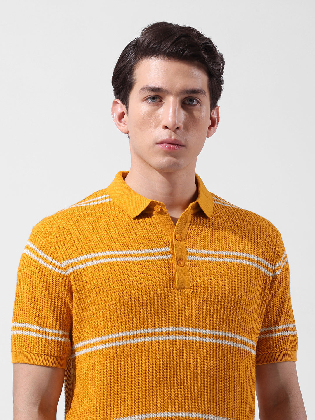 Men's Orange Slim Fit Textured Flat Knit Polo Collar T-Shirt