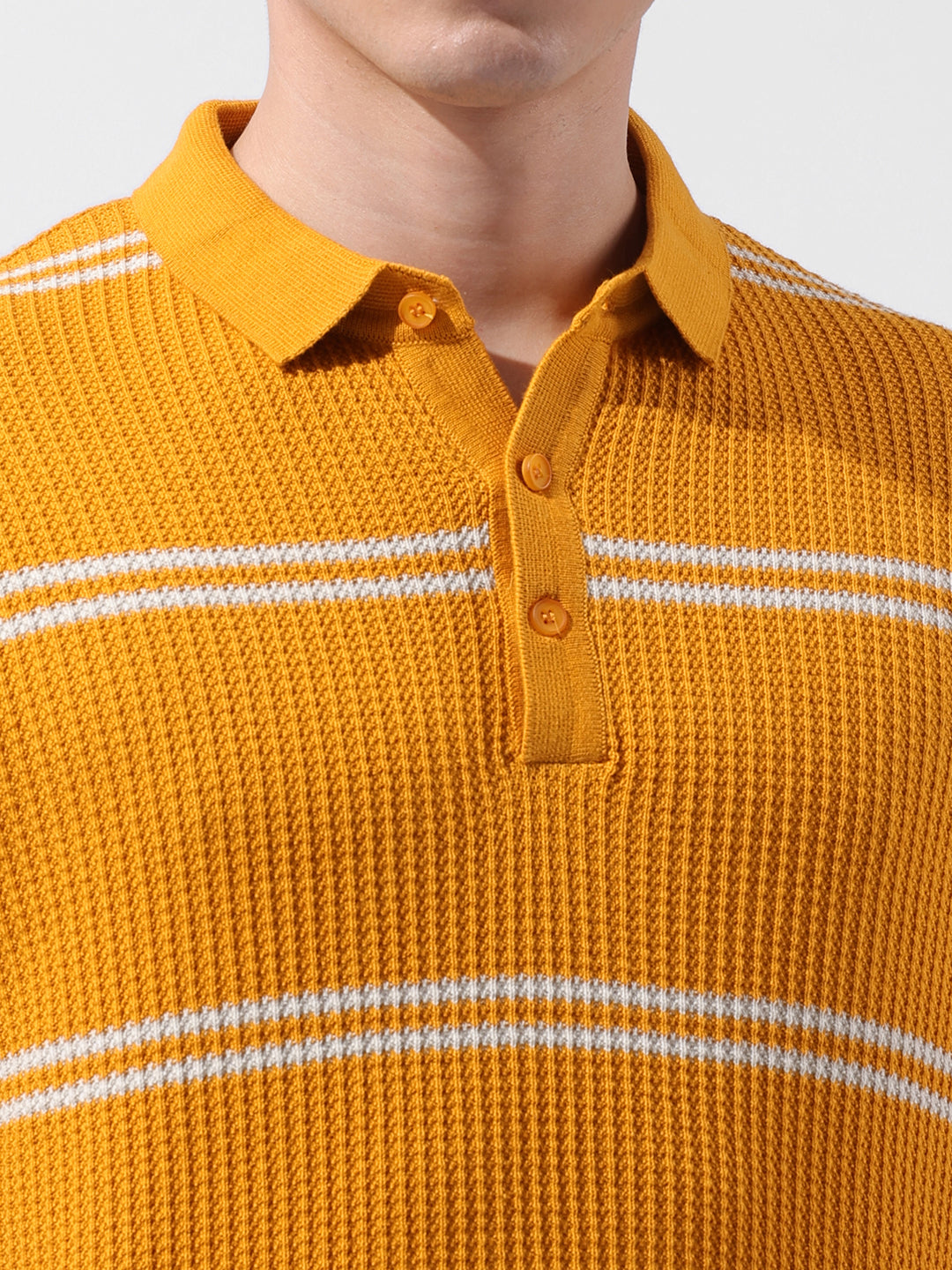 Men's Orange Slim Fit Textured Flat Knit Polo Collar T-Shirt