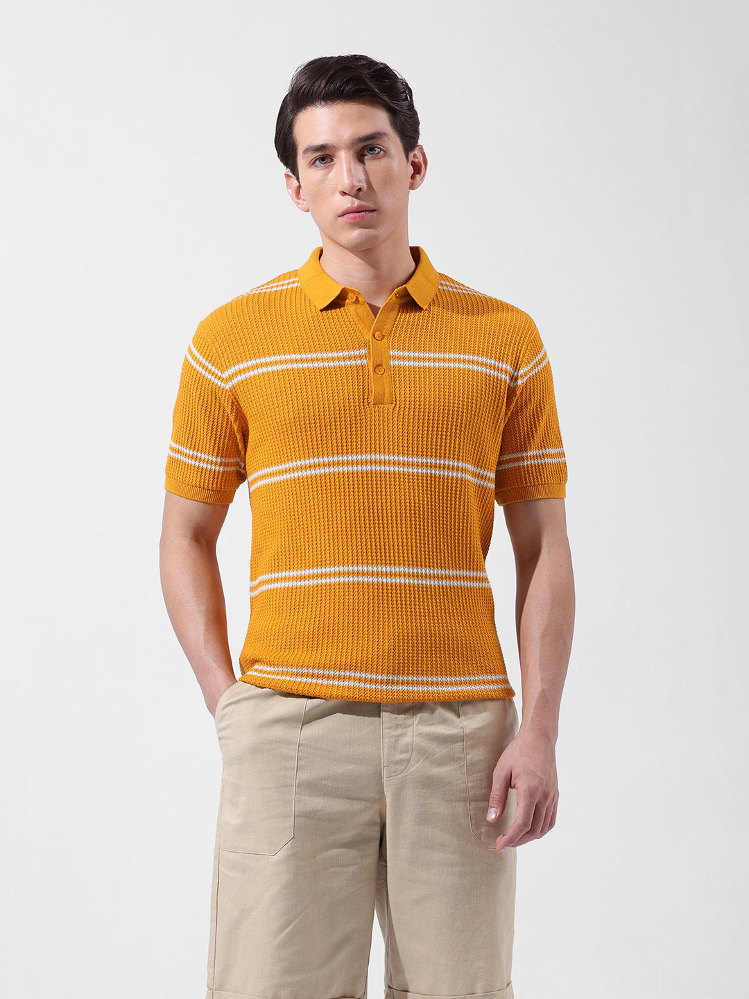 Men's Orange Slim Fit Textured Flat Knit Polo Collar T-Shirt