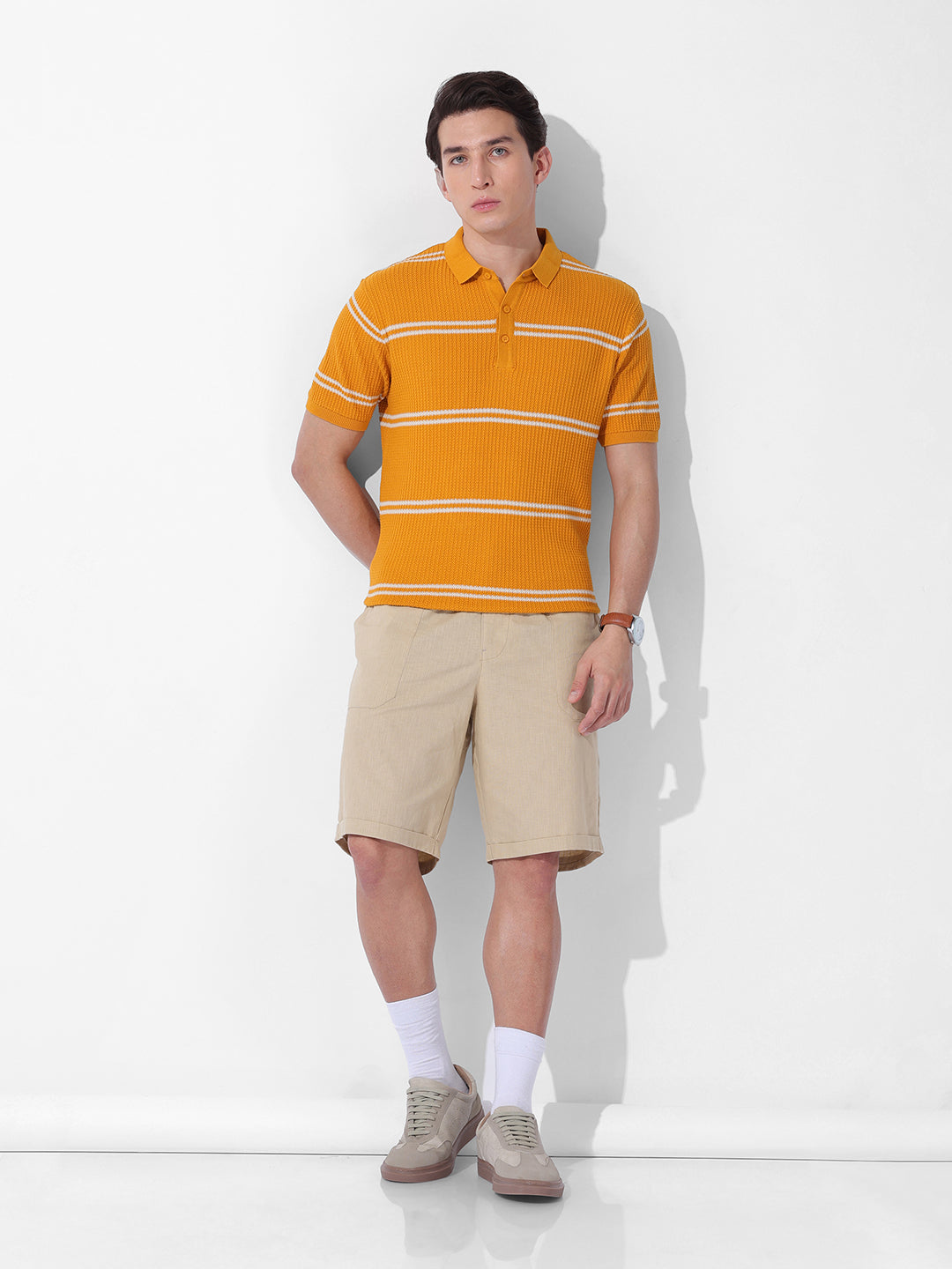 Men's Orange Slim Fit Textured Flat Knit Polo Collar T-Shirt