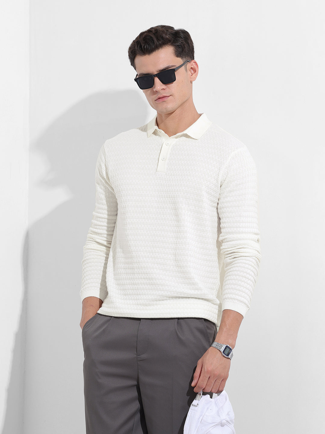Men's White Slim Fit Textured Flat Knit Polo Collar T-Shirt