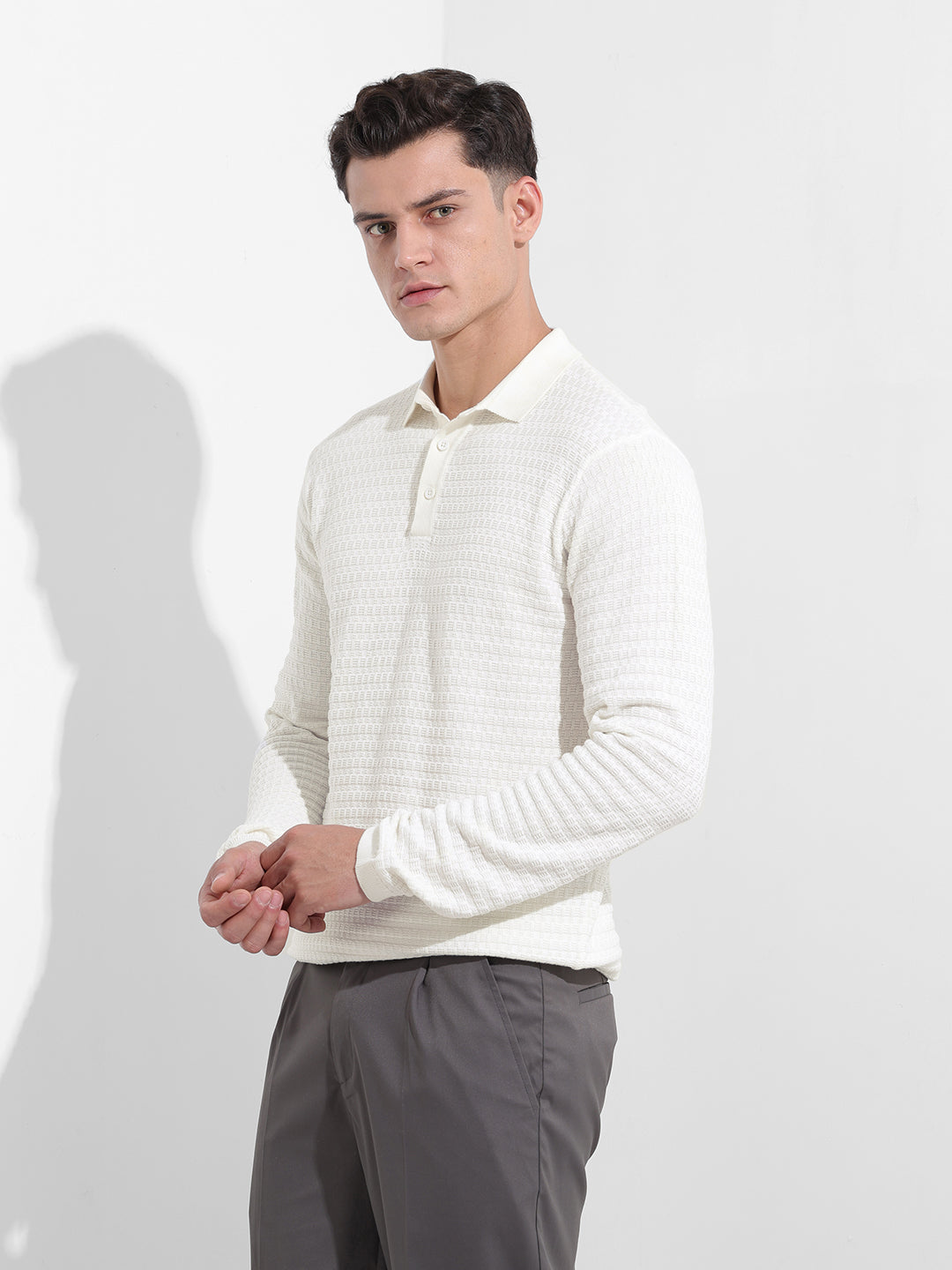 Men's White Slim Fit Textured Flat Knit Polo Collar T-Shirt