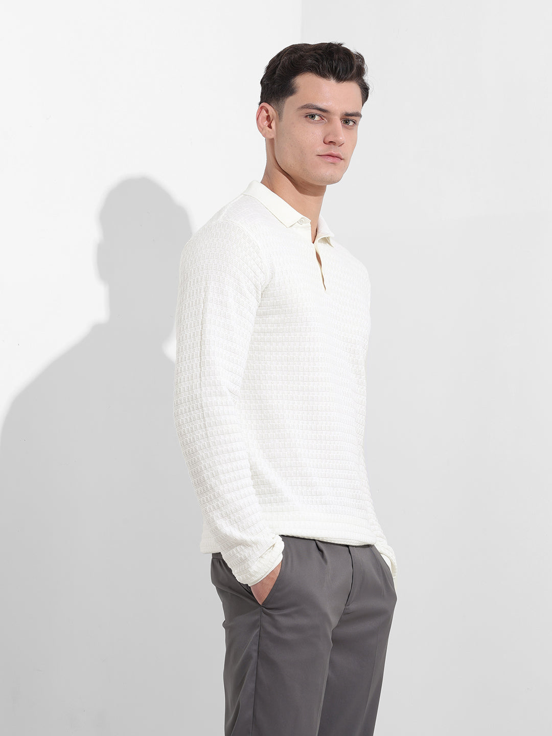 Men's White Slim Fit Textured Flat Knit Polo Collar T-Shirt