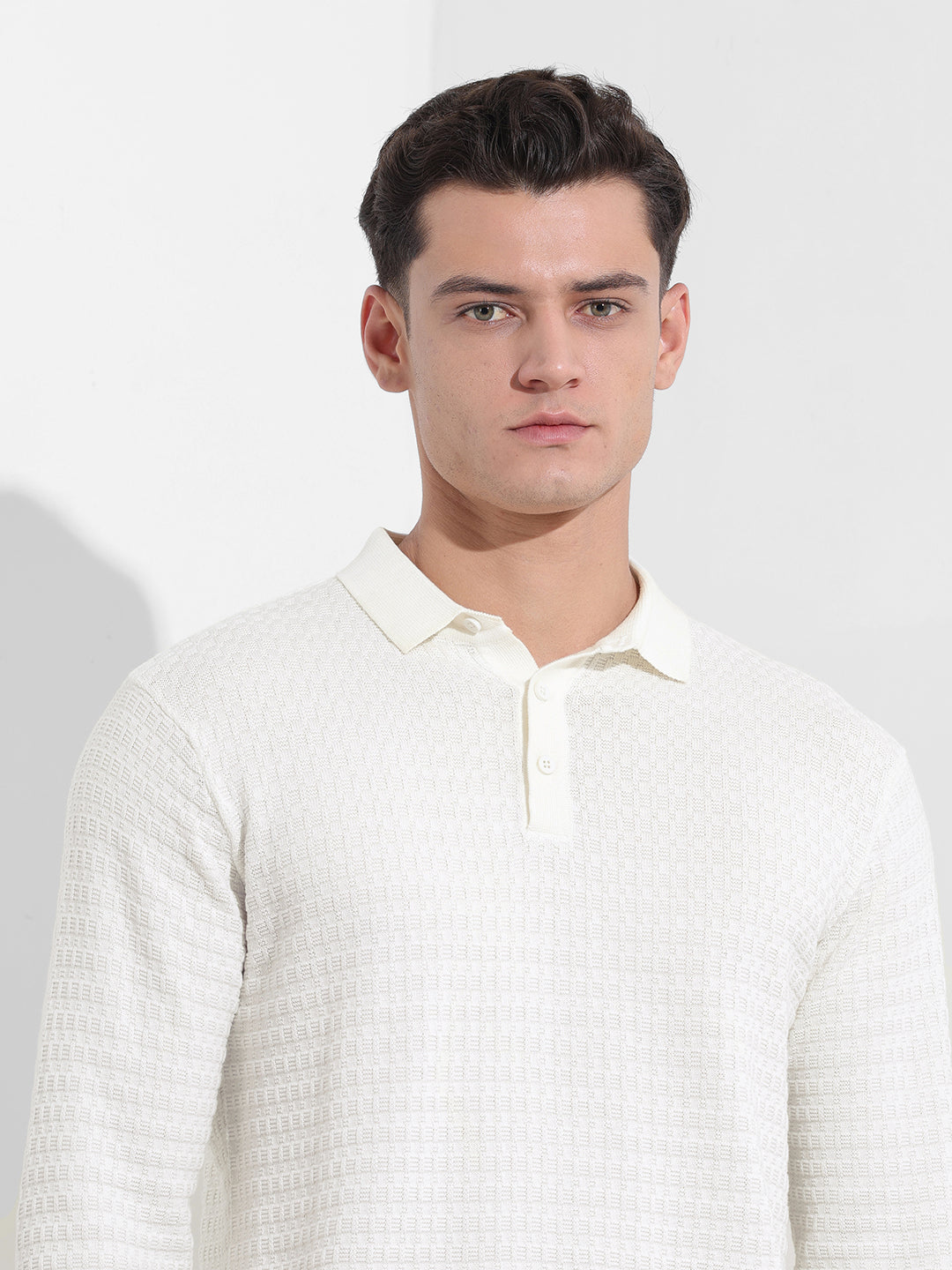Men's White Slim Fit Textured Flat Knit Polo Collar T-Shirt