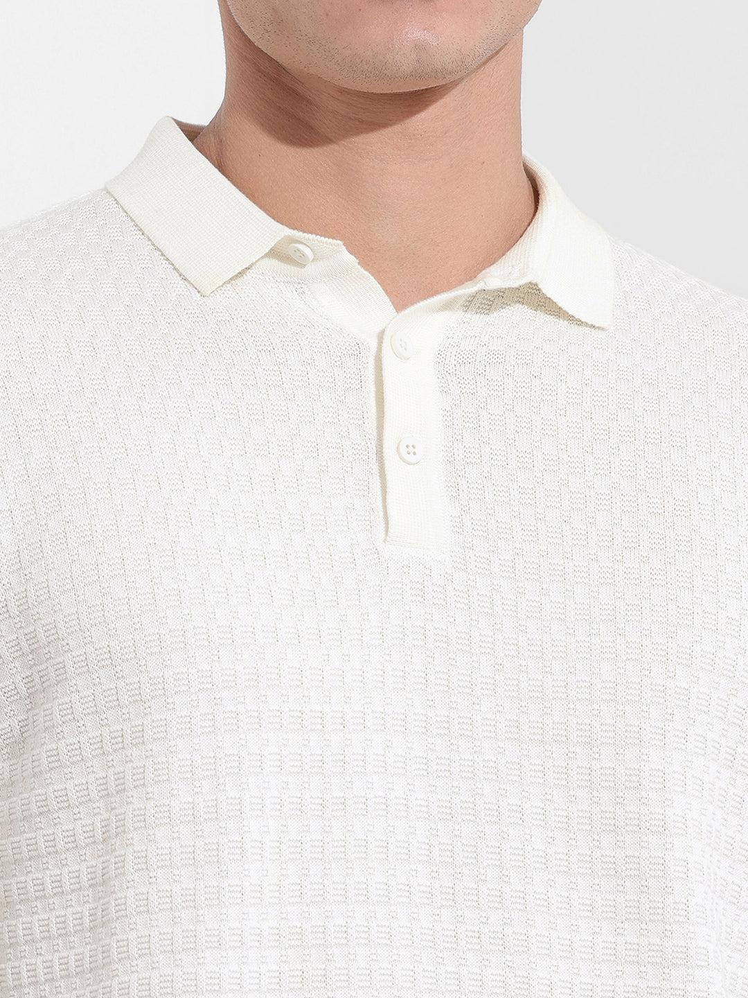 Men's White Slim Fit Textured Flat Knit Polo Collar T-Shirt