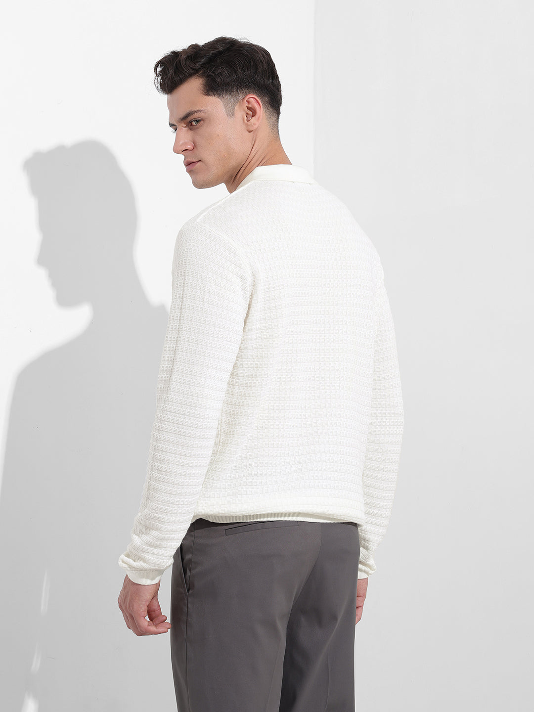 Men's White Slim Fit Textured Flat Knit Polo Collar T-Shirt