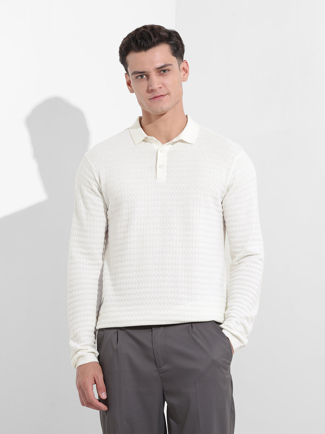 Men's White Slim Fit Textured Flat Knit Polo Collar T-Shirt