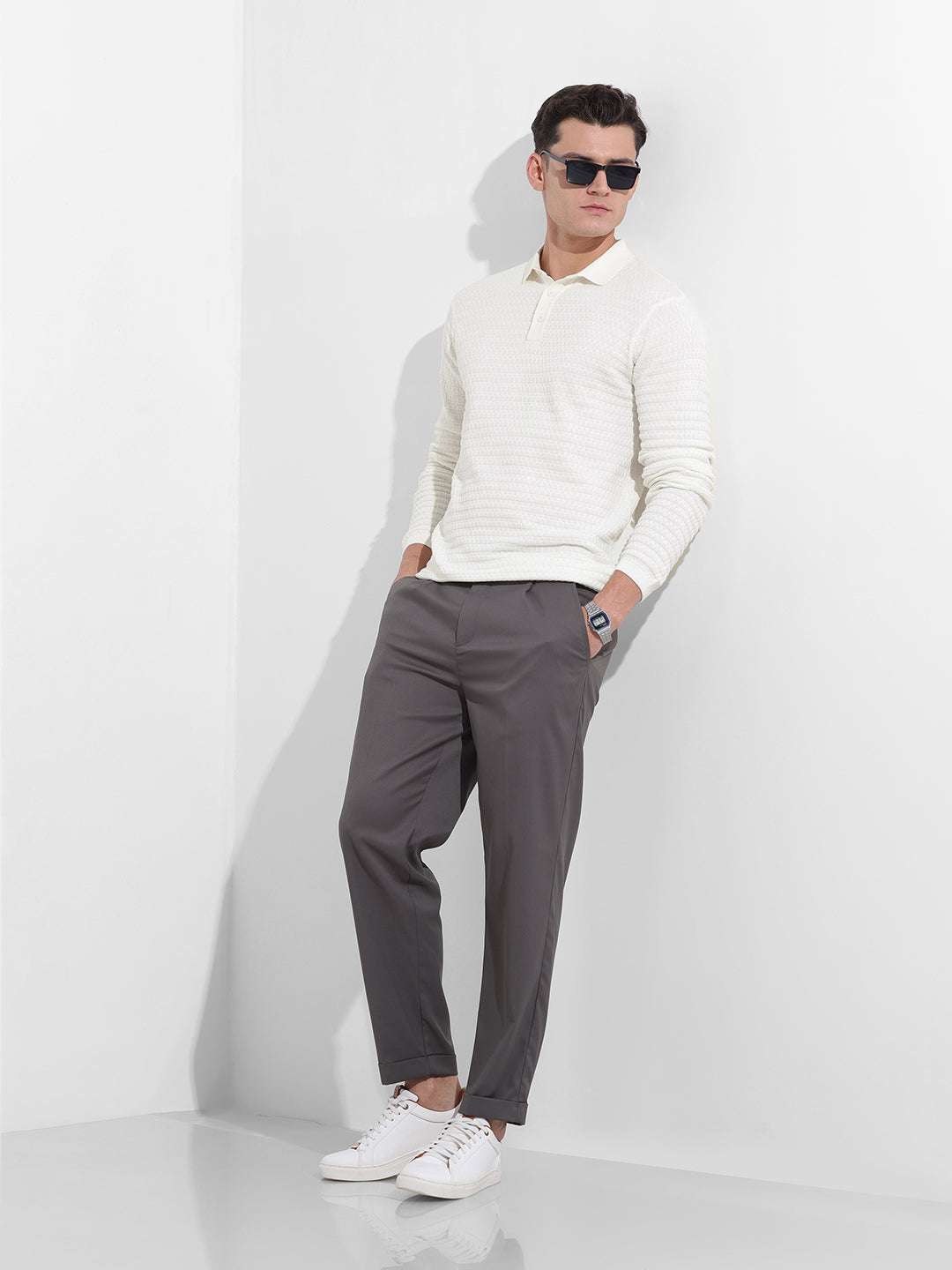 Men's White Slim Fit Textured Flat Knit Polo Collar T-Shirt