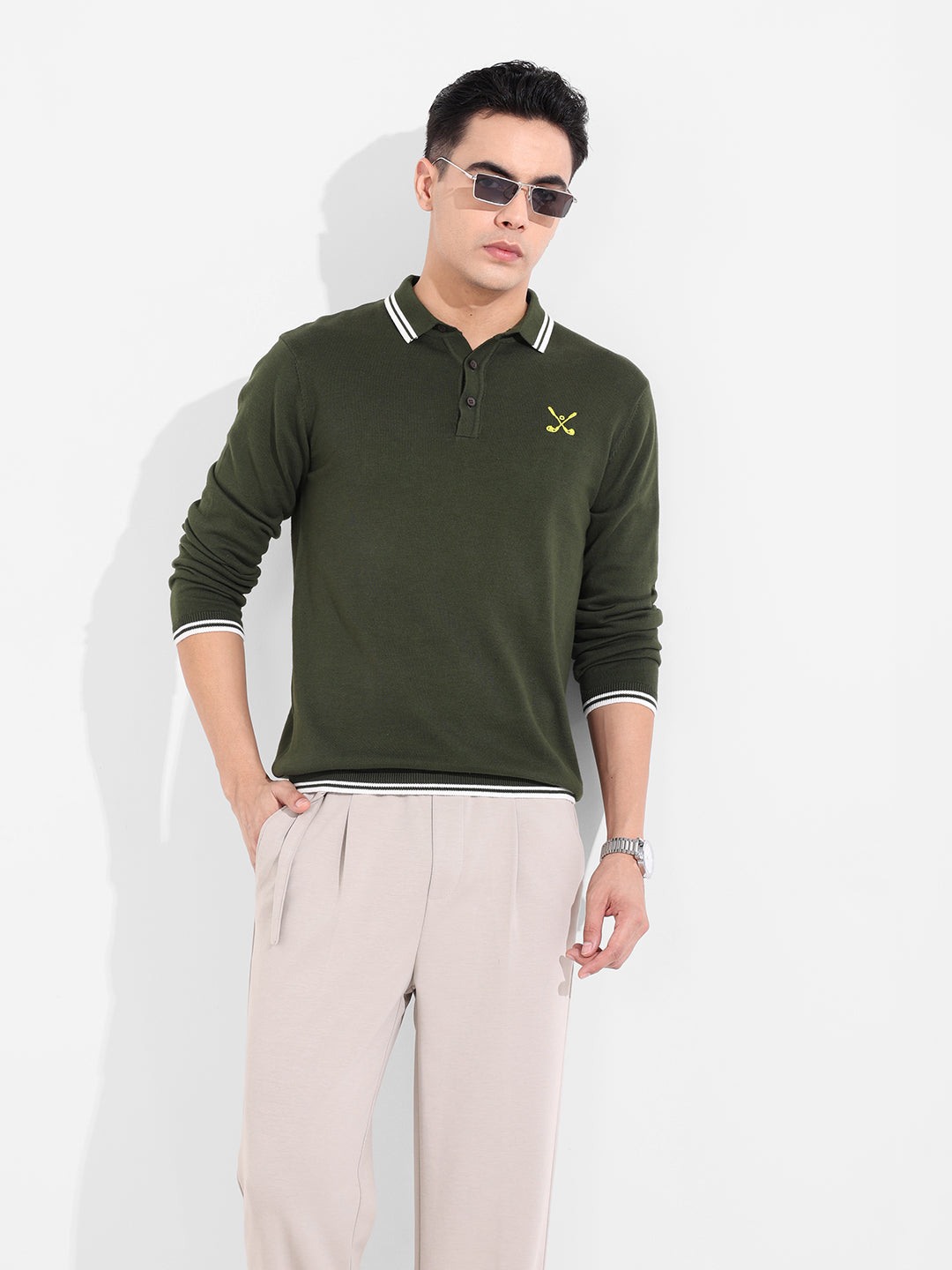 Men's Olive Slim Fit Textured Flat Knit T-Shirt