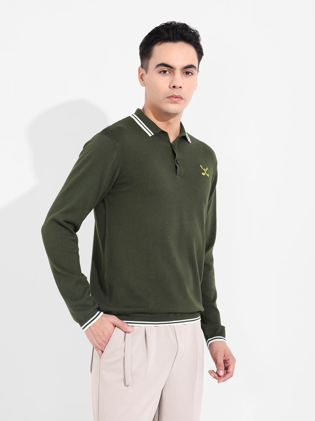 Men's Olive Slim Fit Textured Flat Knit T-Shirt