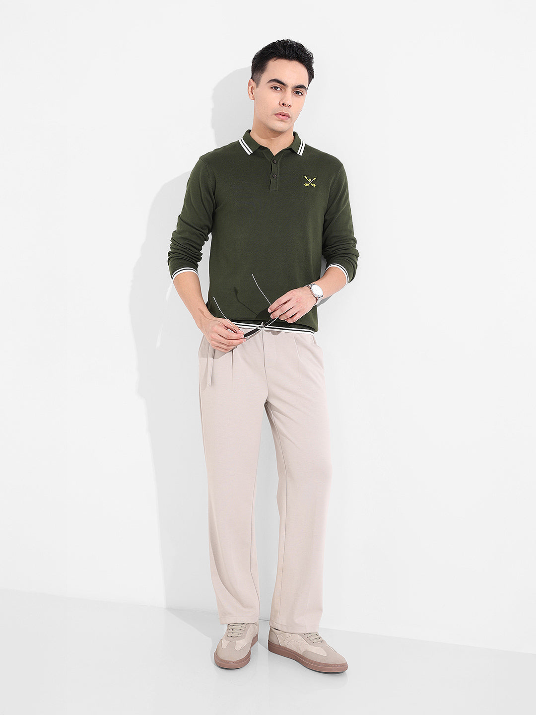 Men's Olive Slim Fit Textured Flat Knit T-Shirt