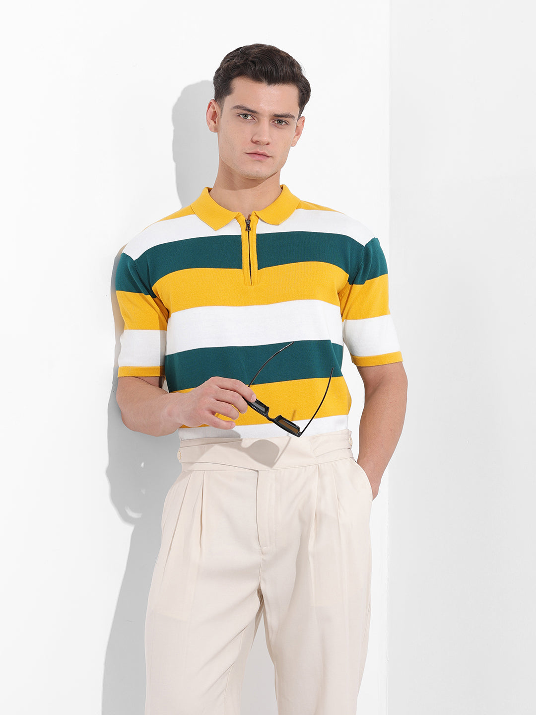 Men's Yellow Oversized Fit Textured Flat Knit T-Shirt