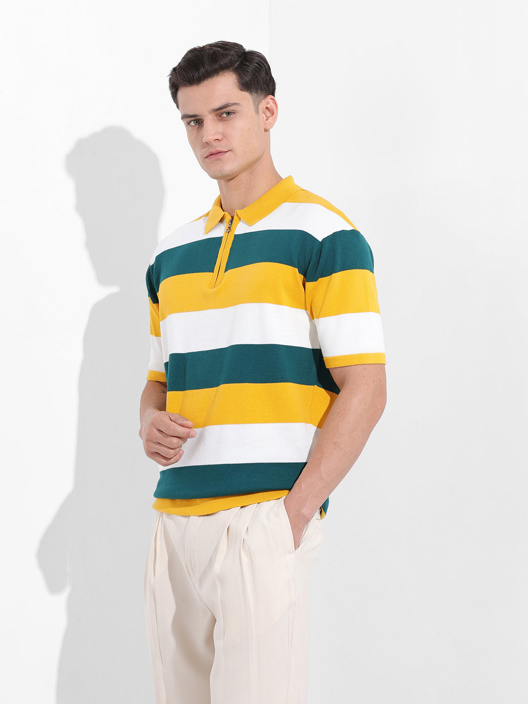 Men's Yellow Oversized Fit Textured Flat Knit T-Shirt