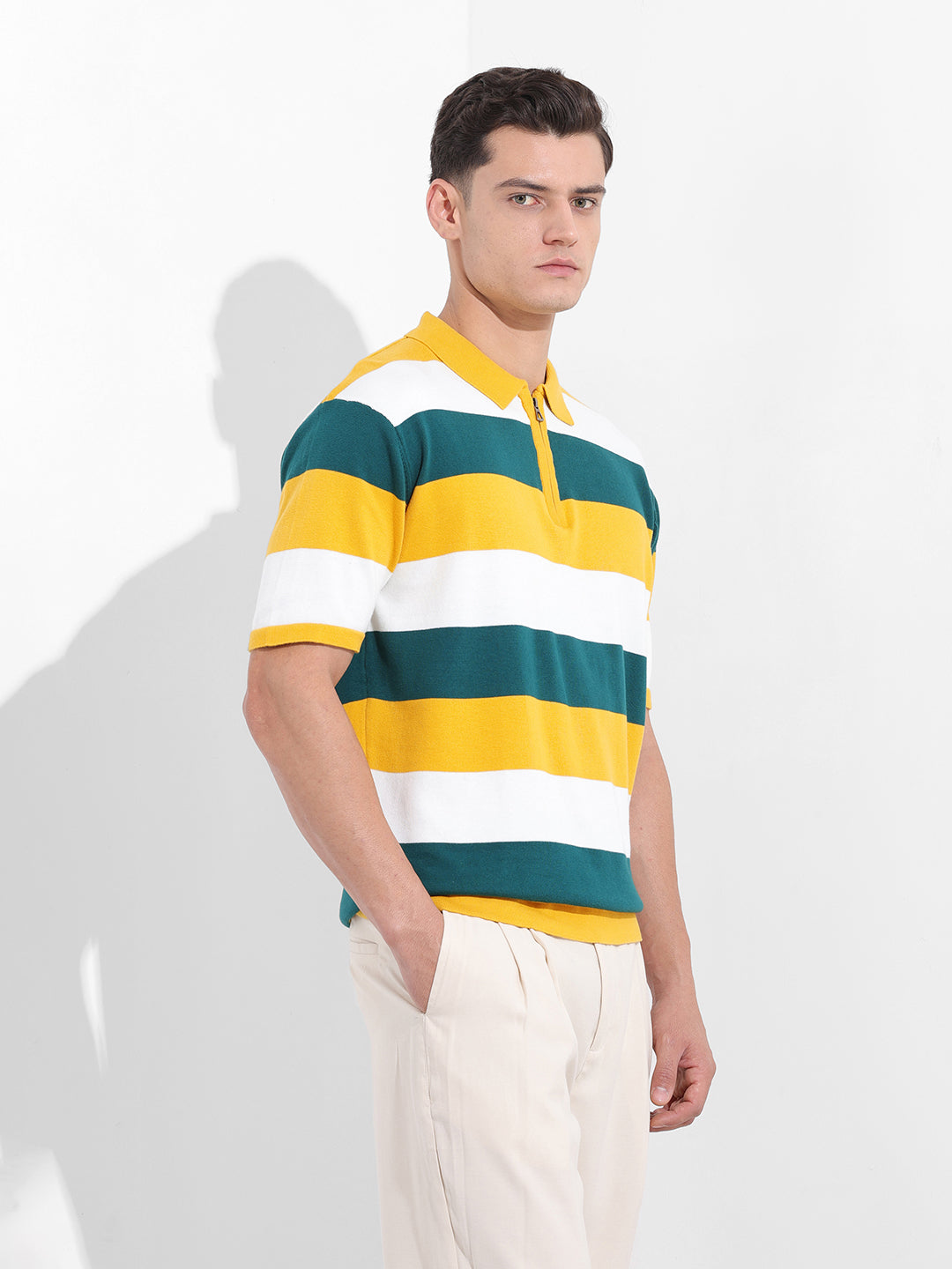 Men's Yellow Oversized Fit Textured Flat Knit T-Shirt