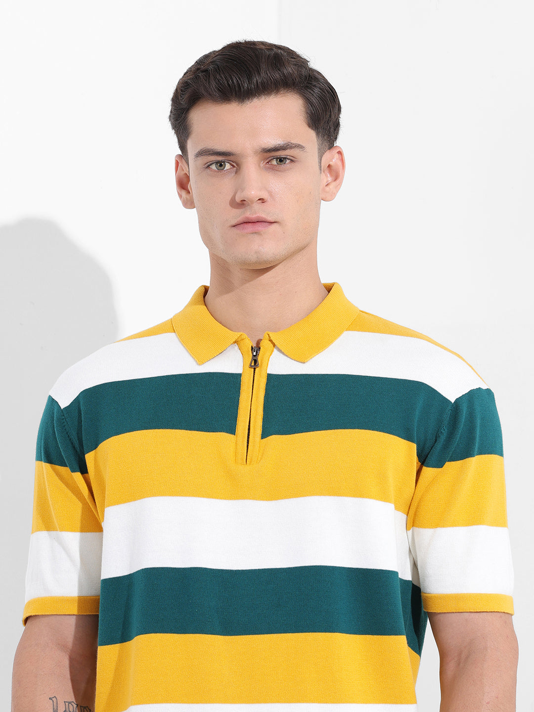 Men's Yellow Oversized Fit Textured Flat Knit T-Shirt