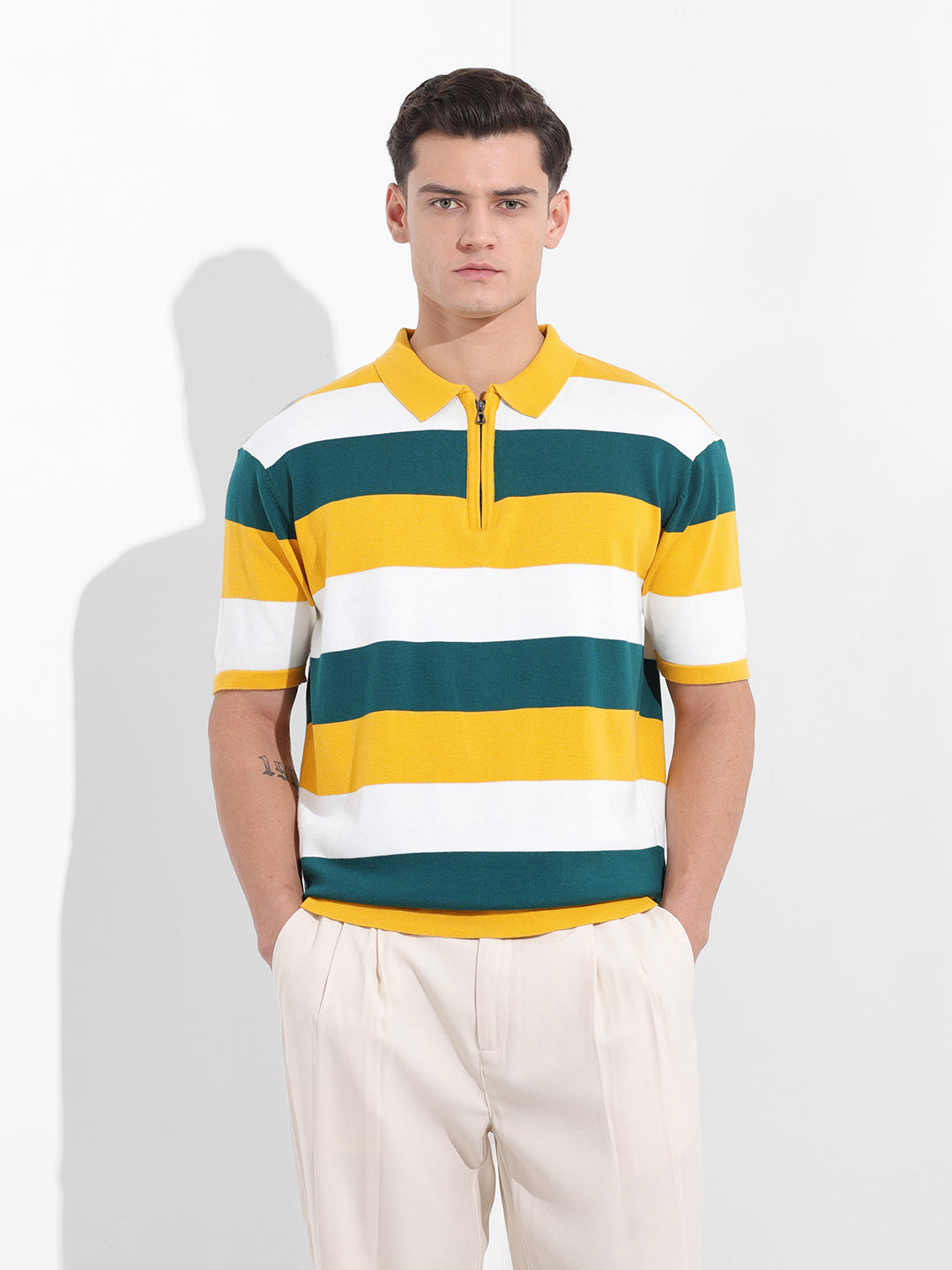 Men's Yellow Oversized Fit Textured Flat Knit T-Shirt