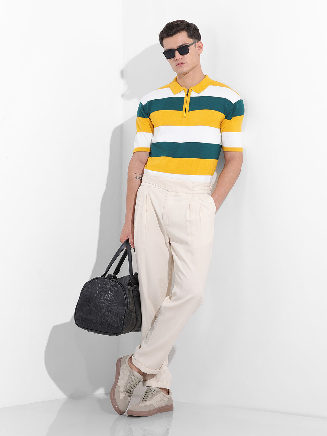 Men's Yellow Oversized Fit Textured Flat Knit T-Shirt