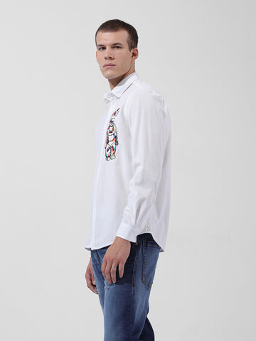 Men's White Regular Fit Embroided Street Shirt