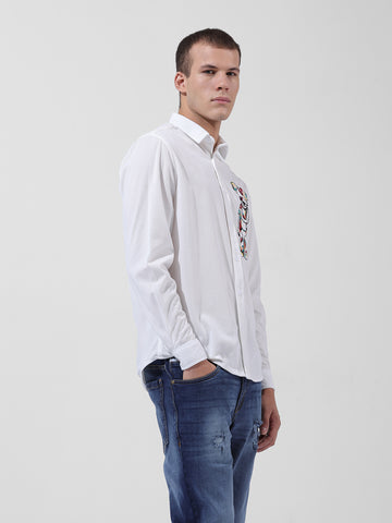 Men's White Regular Fit Embroided Street Shirt